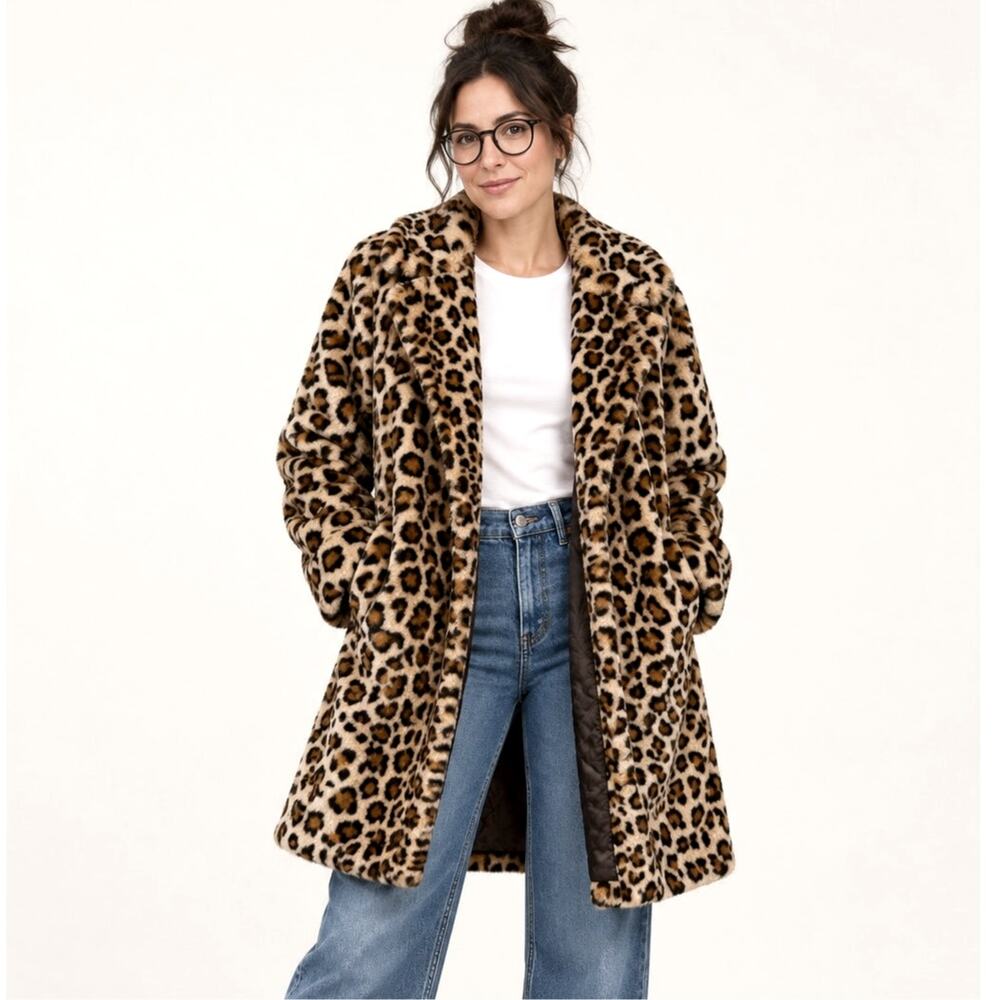 NEW! Calvin Klein L Leopard Print Faux Fur $299 Long Coat Jacket Animal Print